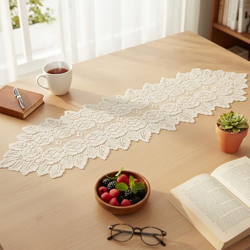 Beige Oval Lace Table Runner Doilies, Floral Table Scarf, Handmade Crochet Placemats for Wedding Living Room Kitchen Dining Decor (46.46 x 12.6 Inch)