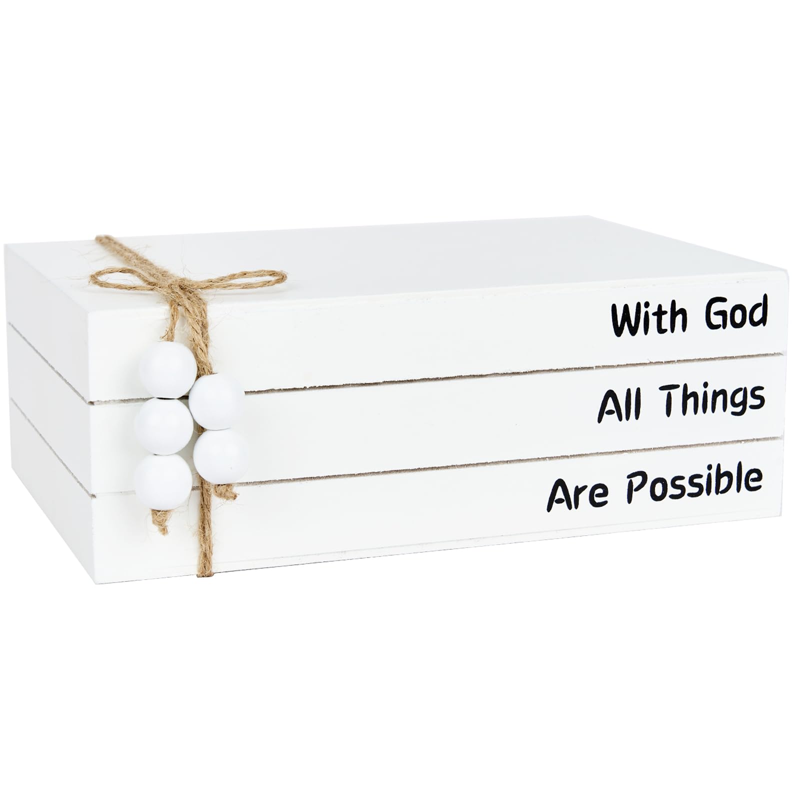 JCJMY Wooden Decorative Books for Home Decor, Rustic Farmhouse Faux Decor Books for Coffee Table, White Book Decor for Shelf Fireplace Mantle Decoration, With God All Things Are Possible