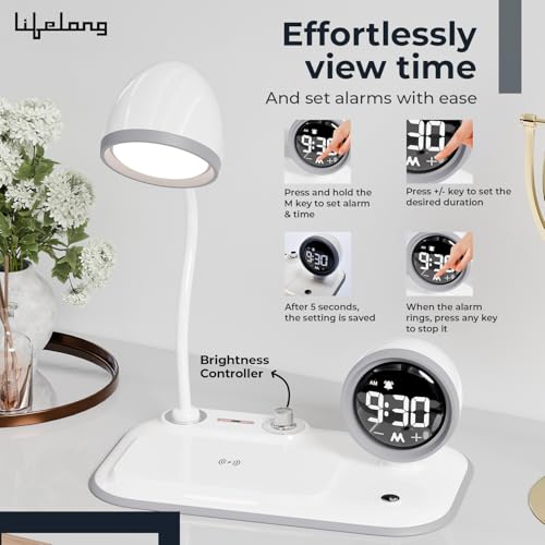 Image of Lifelong 3-in-1 Wireless Charging Desk Lamp with LED Light & Digital Alarm Clock|Fast Wireless Charging Pad, Adjustable Brightness, Touch Control & Night Mode|Perfect for Bedroom, Office & Study Table
