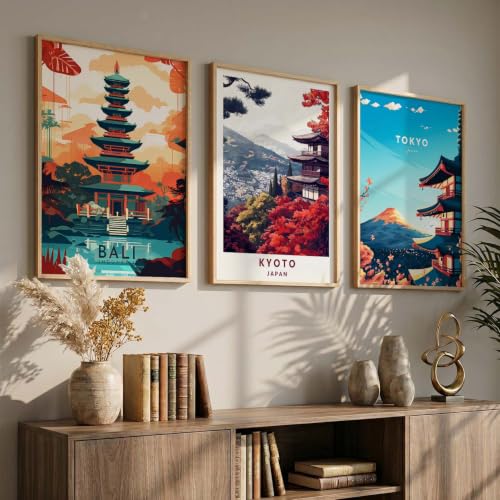 Image of kotart Japanese City View Wall Framed Posters | Aesthetic Japan Theme City View Framed Poster for Living Room Bedroom Gaming Room Studio Wall Decor Set Of 3 (20x30 Inch)