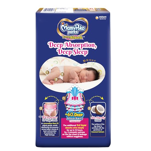 Image of MamyPoko Pants Extra Absorb Baby Diapers, Extra Large (XL Size) | 12-17 kg | 40 Count |Deep Sleep Diapers| Soft Gentle fit |Deep Absorbent Crisscross | Skin Friendly with Coconut Oil |