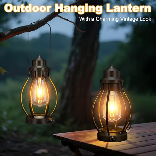 Image of Battery-Powered LED Lanterns Vintage Lights for Camping, 2 Pack Rechargeable Lantern with Dimmerble Warm White Edison Bulb, Waterproof Hanging Light Table Lamp for Outdoor & Indoor Decorative