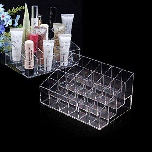 Image of SKDBPM KDR Plastic Cosmetic Shelf Stand Case Grid Squares Lipstick Holder Showcase Stand Cosmetic Organizer Makeup Storage Box (Transparent) (24 Grid 4X6)
