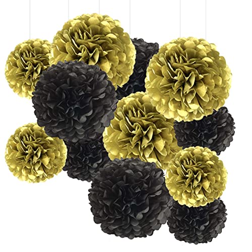 YESON Black and Gold Tissue Paper Pom Poms Hanging Tissue Flowers Poms Decorations Pack of 12 for Wedding Birthday Party Backdrop Decor ect. (12 10 Tissue Paper Flowers)