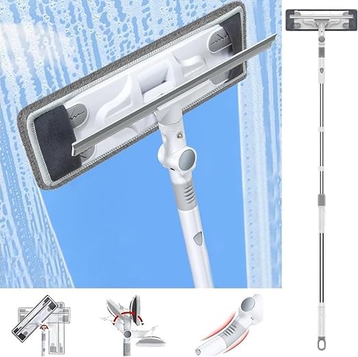 Window Squeegee Cleaning Tool with Extension Pole Bendable Adjustable 360°Swivel Head 2 Microfiber Mops Scrubber Squeegee Wiper Handle 2-in-1 Telescopic High Window Cleaning Kit Glass Car Mirror 180cm