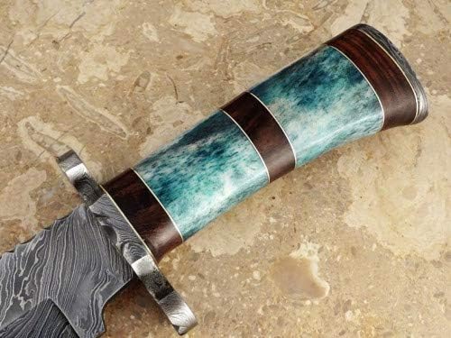 Damascus Steel Handmade Bowie Knife,15" Color Bone Handle Hunting Knife, Large Bowie Knife, Dundee Knife,Damascus Bowie Knife With Leather Sheath