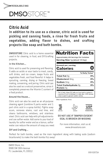 DMSOSTORE Citric Acid All-Natural Multi-Purpose 1 lbs. USP Food Grade, Anhydrous, Fine Grain Powder, Kosher, Non-GMO