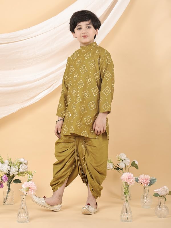 Image of superminis Boy's Golden Foil Printed Side Open Cotton Kurta, Round Collar, Full Sleeves Ethnic Wear Dhoti Kurta Set