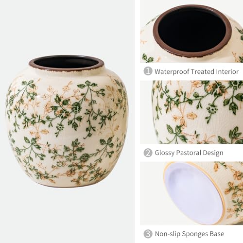 Image of Ceramic Flower Vase | Farmhouse Green Rustic Vase for Home Decor, Vintage Floral Pottery Tuscan Round Vase for Living Room & Kitchen, Mantel & Bookshelf, Centerpieces, Entryway, Wedding(6.7 Inch)