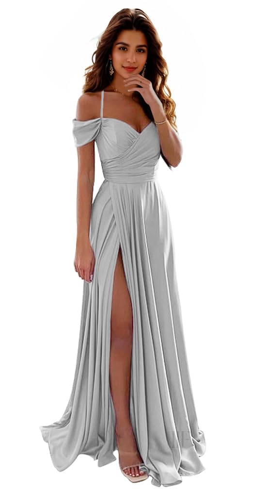 Satin Bridesmaid Dresses Off Shoulder Spaghetti Strap Long Ruched A Line Formal Prom Dress with Slit IIF006