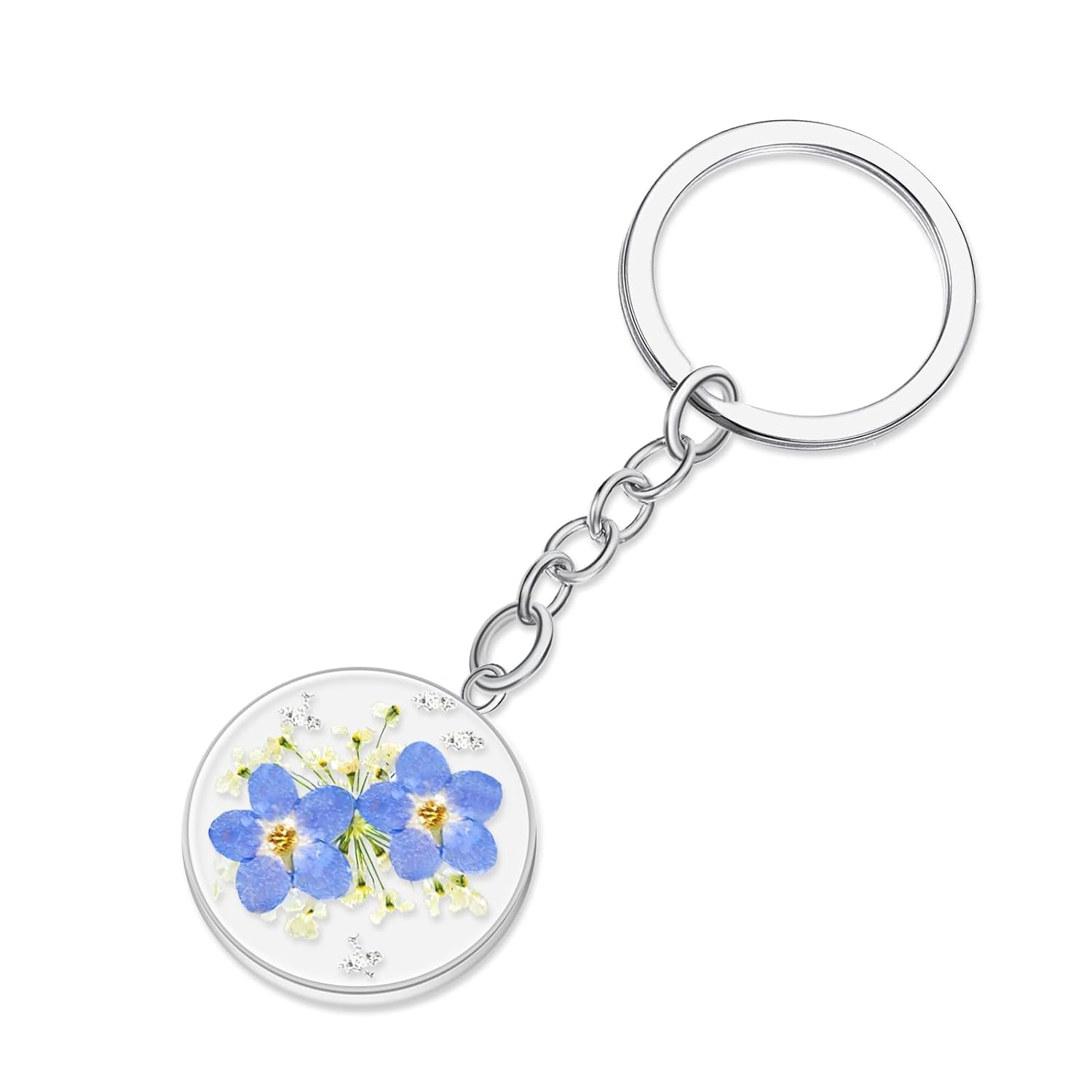 Pressed Flower Keychain, Keychains for Women,Handmade Forget-Me-Not and Queen Anne's Lace Wildflower Keychain
