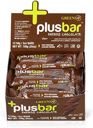 Greens+ Plusbar Energy Chocolate | Gluten Free Energy Bar | Organic Greens | Organic Dark Chocolate | Non GMO | 12 Bars