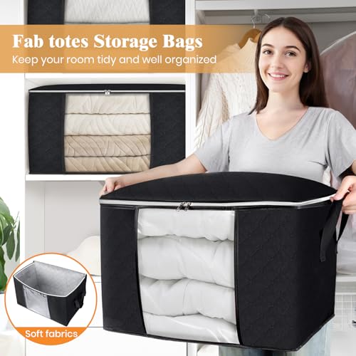 Image of Fab totes 24 Gallons Clothes Storage, Foldable Thick Fabric Blanket Storage Bags, Containers for Organizing Bedroom, Closet, Clothing, Comforter, Organization with Handle (8 Pack,Black)
