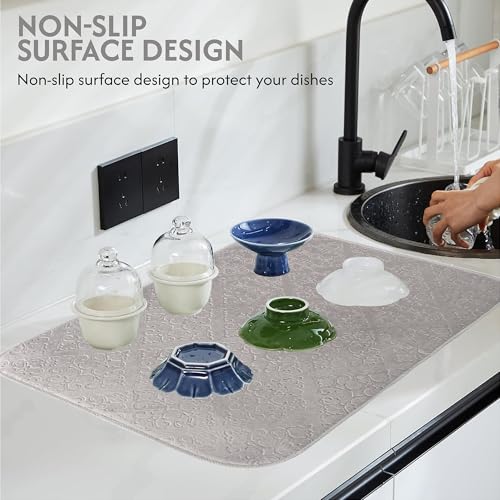 Image of Kuber Industries 50x70 Soft Microfiber Dish Drying Mat for Kitchen | Machine Washable & Quick Drying Water Absorbing Mat for Kitchen Dishes, Utensils & Crockery | Embossed Design - Grey