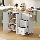 Merax Mobiler Küchentisch Kücheninsel auf Rädern mit klappbarer Eichenholz-Arbeitsplatte, Multifunktionaler Schrank, 5 Räder, für Küche, Esszimmer und Zuhause, 137 x 43(76) x 92 cm,Weiß