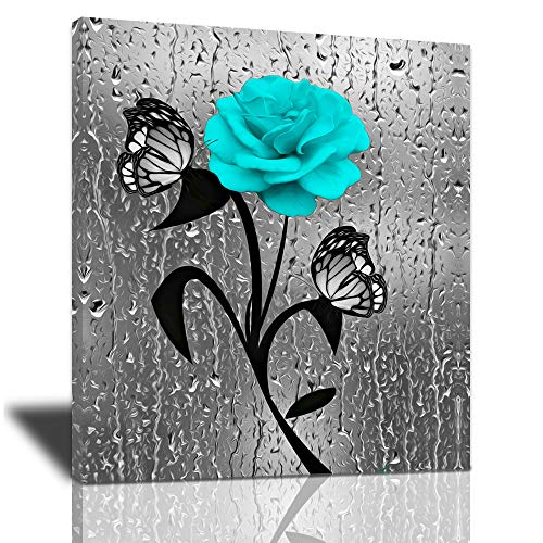Abstract Bathroom Decor Canvas Wall Art, Teal Blue Roses Butterflies Picture Black and White Motivational Poster Artwork Modern Home Decorations Framed Ready To Hang For Living Room Bedroom20x24inch