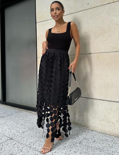 Arssm Womens Hollow Out Maxi Skirts Boho Fringe Hem Skirt Elastic High Waist Long Skirt Flowy Outfit2