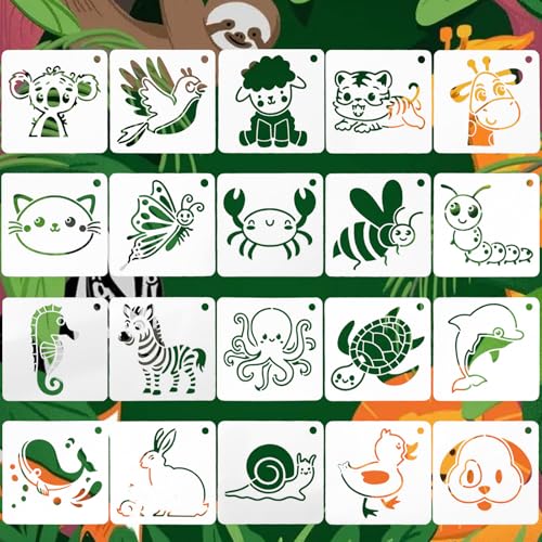 Shimmeroo 20PCS Animal Stencils for Drawing 3x3inch DIY Reusable Cute Cartoon Templates Clear Animal-Shaped Stencils Drafting Tools for Wood Fabric Face Paint Drawing Supplies