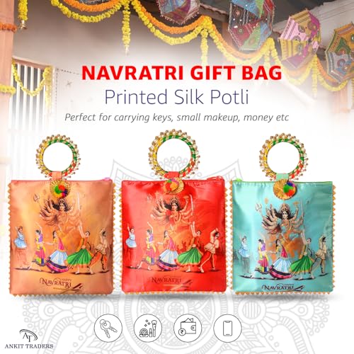 Image of Women Potli Bags Pack of 3 | with Zip & Bangle Handle | Traditional Shagun Return Gifts for Navratri, Bhajan, Kanjak, Garba