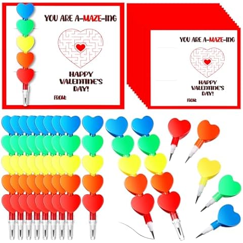 Sabary 24 Set Valentine's Day Gift Include 24 Pcs Plastic Stackable Heart Pencils and 24 Pcs Valentines Day Cards Classroom School Valentine Party Favor Teacher Student Kids School Supplies Cover