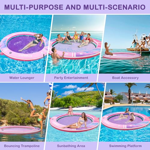 Image of Inflatable Water Hammock Floating Dock 8 FT with Mesh, Tanning Pool Raft Round Ring for Adults, Float Platform for Lake and Beach with Water Ladder and Cup Holder
