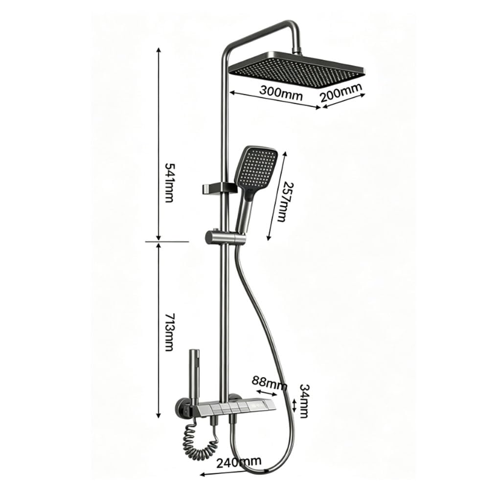 Saliscendi Doccia con soffione Grigio Metallizzato 4 funzioni | Saliscendi doccia grigio metallizzato,soffione 285mm,4 modalità pulsanti,ripiano portaoggetti,asta regolabile