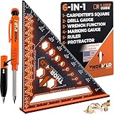 THORVALD 6-in-1 Carpenter Square 7 inch (1/16' Precision) T Square Multi-Purpose Carpenter Tools : Wrench, Square, Protractor, Ruler, Marking Gauge, Drill Gauge, Includes 2-in-1 Carpentry Pencil