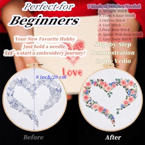 Image of FONNUY Love Heart Crewel Embroidery Kit for Beginners, Pre-Stamped Pattern Kits for Adults with Hoop, Easy to Follow Color Thread Needlework, 8'' Hoop (Floral Heart 2)