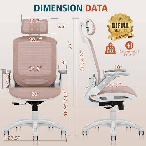 Image of GABRYLLY Ergonomic Office Chair, High Back Home Desk Chair with Headrest, Flip-Up Arms, 90-120 Tilt Lock and Wide Cushion, 300LBS Mesh Chairs for Man Woman, White Task Chair(Pink,GY01WPK)