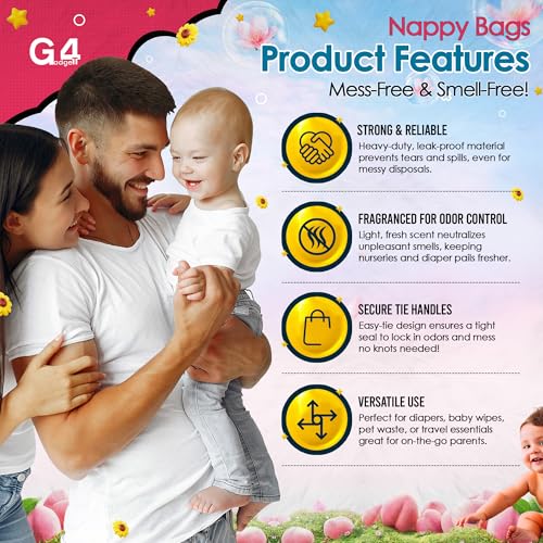 G4GADGET 300 Nappy Bags, Extra Strong Disposable Diaper Sacks with Tie Handles, Odour Neutralizing & Leakproof - Image 3
