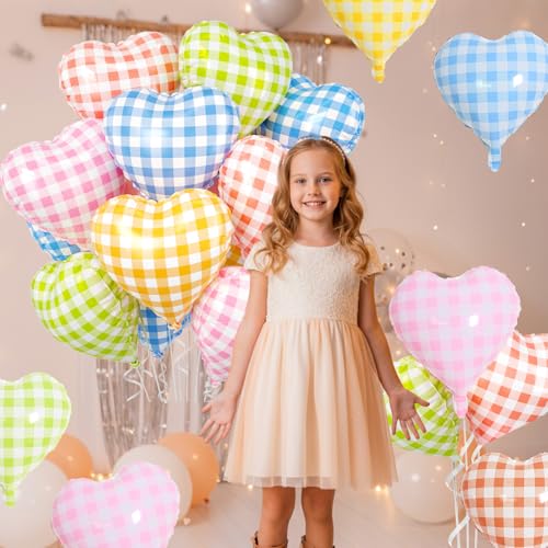 Image of Pastel Grid Heart Balloons, 10 Pcs Rainbow Checkered Heart Shape Balloon, 18 Inch Pink Yellow Blue Red Green Lattice Foil Balloons Helium for Kids Birthday Valentines Baby Shower Party Decorations