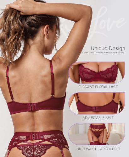 Image of RSLOVE Lingerie Set for Women Sexy - Corset And Panty Outfits 3 Piece Lace Push Up Underwire with Garter Lingerie