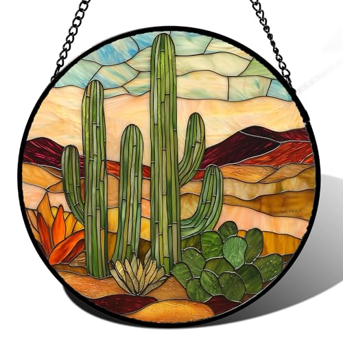 Stained Glass Window Hanging, Green Cactus Sun Catcher for Door Terrace Garden Home Decor, Abstract Desert Landscape Suncatcher Birthday Gifts for Lovers Women Men Dad Mom Nana 6.3
