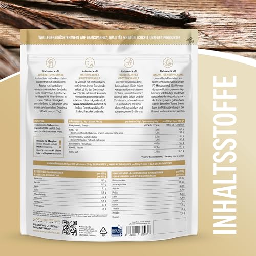NATURELETICS VANILLE 1kg - Natürliches Premium Whey Protein aus Deutschland ohne Zusatz von Zucker, Süßstoffe, Aspartam & Sucralose - kohlenhydratarm – 22,6 % BCAA – reines Eiweißpulver