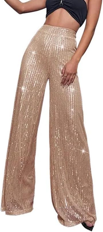 Women's High Waist Sequin Pants Sparkle Flared Trousers with Wide Leg Bell Bottoms for Club & Party Wear