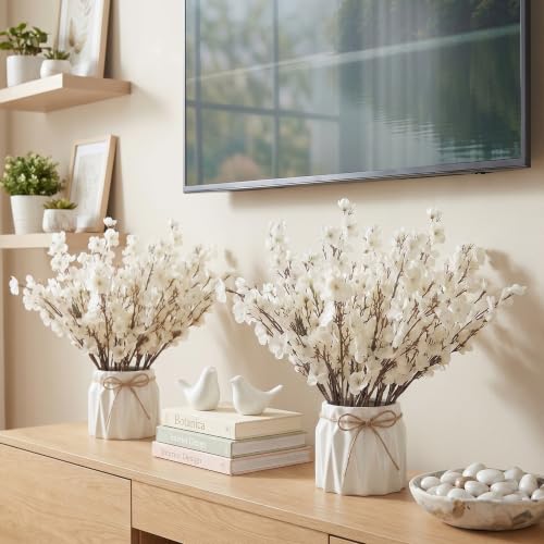 Image of Dekorly Artificial Lavender Plant in White Pot, 18cm - Realistic Faux Flower Arrangement for Home & Office Decor (Set of 1) (2, White Baby's Breath Flower)