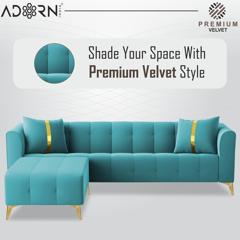 Image of Adorn India Premium Mystic - 3 Years Warranty - L Shape 5 Seater Sofa Set Velvet Suede Fabric - Aqua Blue