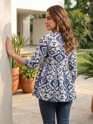 Image of NAINVISH Women's Blue Floral Printed A-line Square Neck Top (SD669 T)