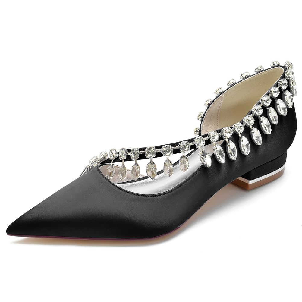 Scarpe da Sposa Donna a Tacco Basso - Eleganti Scarpe Basse in Raso con Punta a Spillo e Strass - Perfette per Sposa Prom Balletta Slip-On