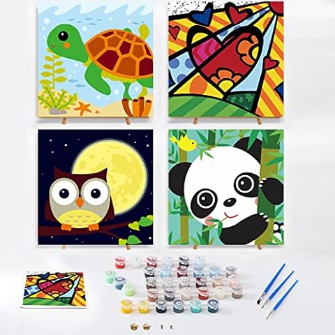 Clendo 4 Pack DIY Paint by Numbers for Kids, Easy Paint by Numbers for Beginner, Acrylic Watercolor Paint by Number for Kids, Painting by Numbers Perfect for Gift Decor - 8x8 Inch Cover