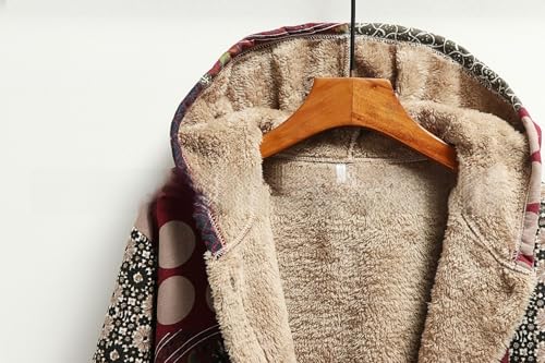 Akivide Women's Winter Ethnic Style Patchwork Sherpa Fleece Lined Hooded Jacket Plus Size Fluffy Warm Outwear with Pockets3