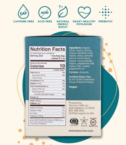 Teeccino Dandelion Tea – Mocha Mint – Rich & Roasted Herbal Tea That’s Caffeine Free & Prebiotic With Detoxifying Dandelion Root, 10 Tea Bags #TOP1