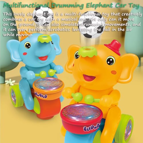Miracland Drumming Elephant Car Toy, Multifunctional Musical Toy with Blow Floating Ball and Tricycle, Lights and Music, 2 Foam Balls (Blue)