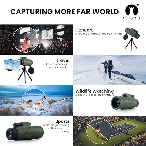 Image of Cezo 12x50 Monocular for Adults Kids,HD Monocular Scope for Gifts Monocular Telescope for Smartphone Watching Birds Hiking,Concert,Travelling- Green