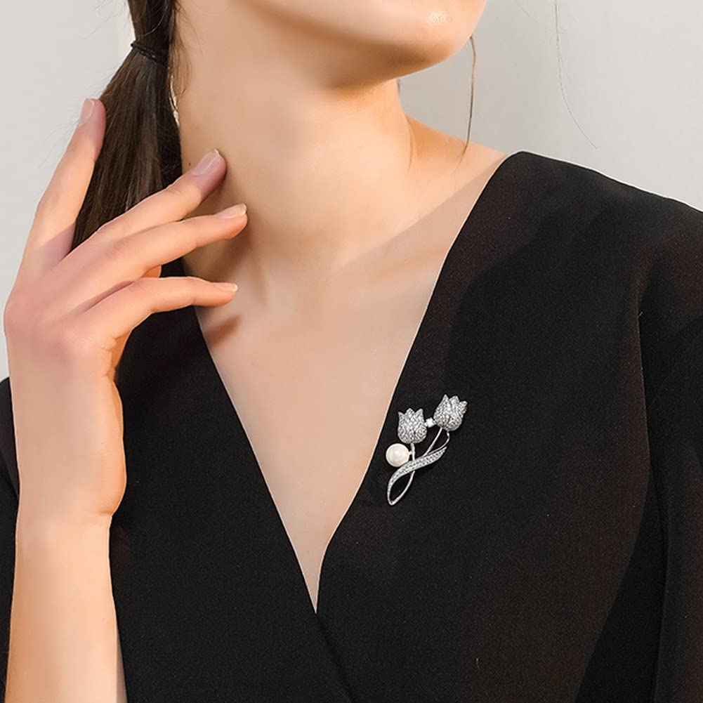 Brosche Anstecker Mode Blume Broschen, Brosche for Frauen Damen Festival Geschenk Damen(Silver)
