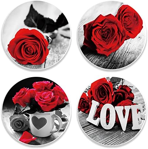 Ohok 4 PCS Coasters for Drinks, Absorbent Coasters Set Round Ceramic Table Coasters Set Decorative Coffee Cup Beverage Coasters Wine Beer Bar Coasters (Roses)