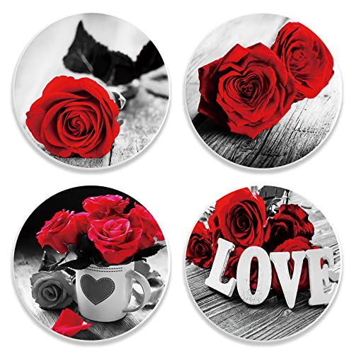 Ohok 4 Pcs Coasters For Drinks, Absorbent Coasters Set Round Ceramic Table Coasters Set Decorative Coffee Cup Beverage Coasters Wine Beer Bar Coasters (Roses) #TOP3