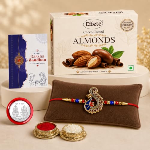 Image of DeoDap Rakhi with Chocolate for Brother - Peacock Design Colorful Rakhi with Almond Chocolate 32 Gm, Greeting Card, Silver Color Pooja Coin & Tilak Set - Raksha Bandhan Combo for Bhai (K1 1118+CA32)