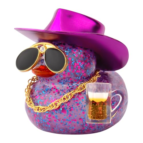 ZenithBurst Pato de Goma de Cerveza para baño, Pato de Goma para Auto con Sombrero de Vaquero, Cadena y Gafas, Pato de Goma Divertido para el Tablero, Morado