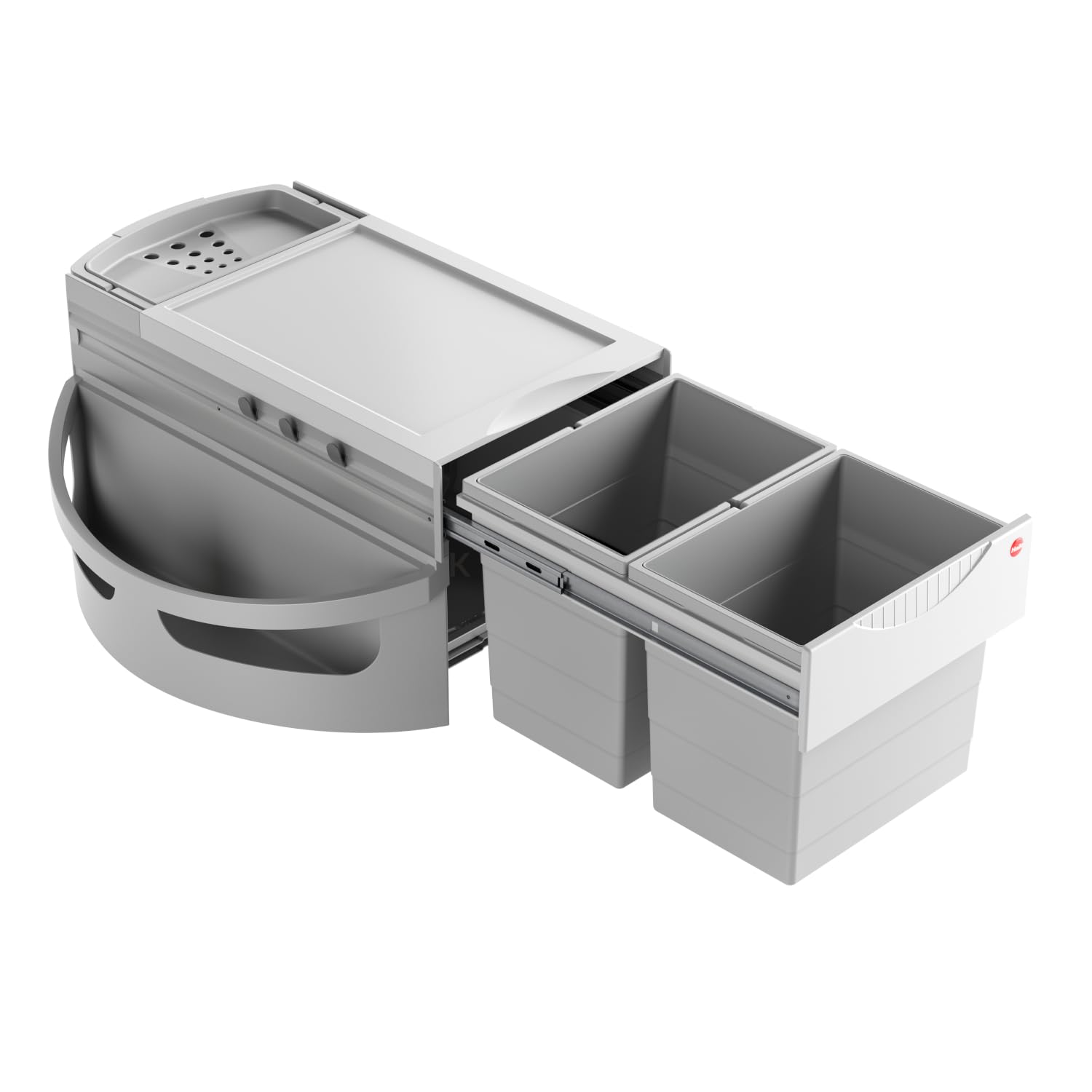 Hailo Abfallsammler Rondo | Eckabfallsammler für 90x90 Eckunterschrank | mit 2x 18 L Inneneimer Multifunktionseimer Seitenschalen | 360 Grad komplett drehbar | Hellgrau
